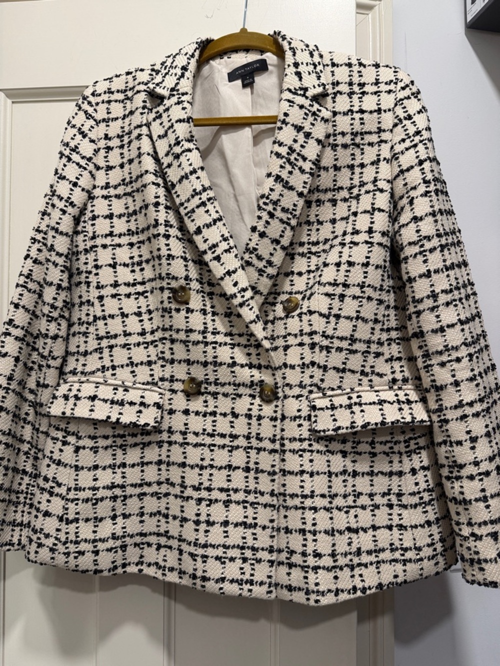 Ann Taylor Cream and Black Tweed Double-Breasted Blazer